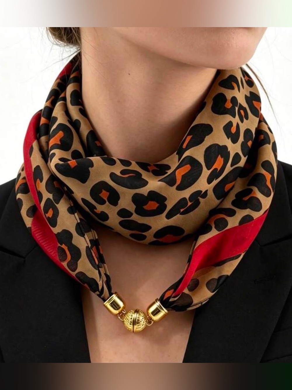 Leopard Print Scarf Necklace with Red Trim and Gold Clasp
